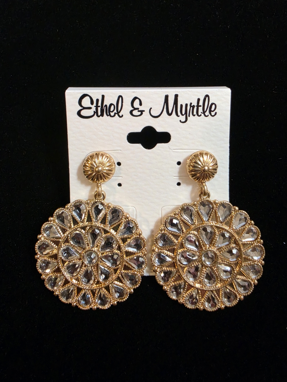 Ethel & Myrtle Gold Filigree Sunburst Drop Earrings with Clear Stones